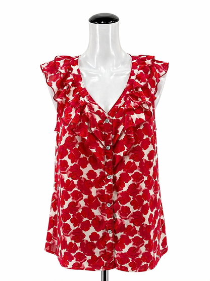 cabi White/Red Sleeveless Rose Top Floral Ruffle V-Neck Sleeveless Blouse Size Small - Size S