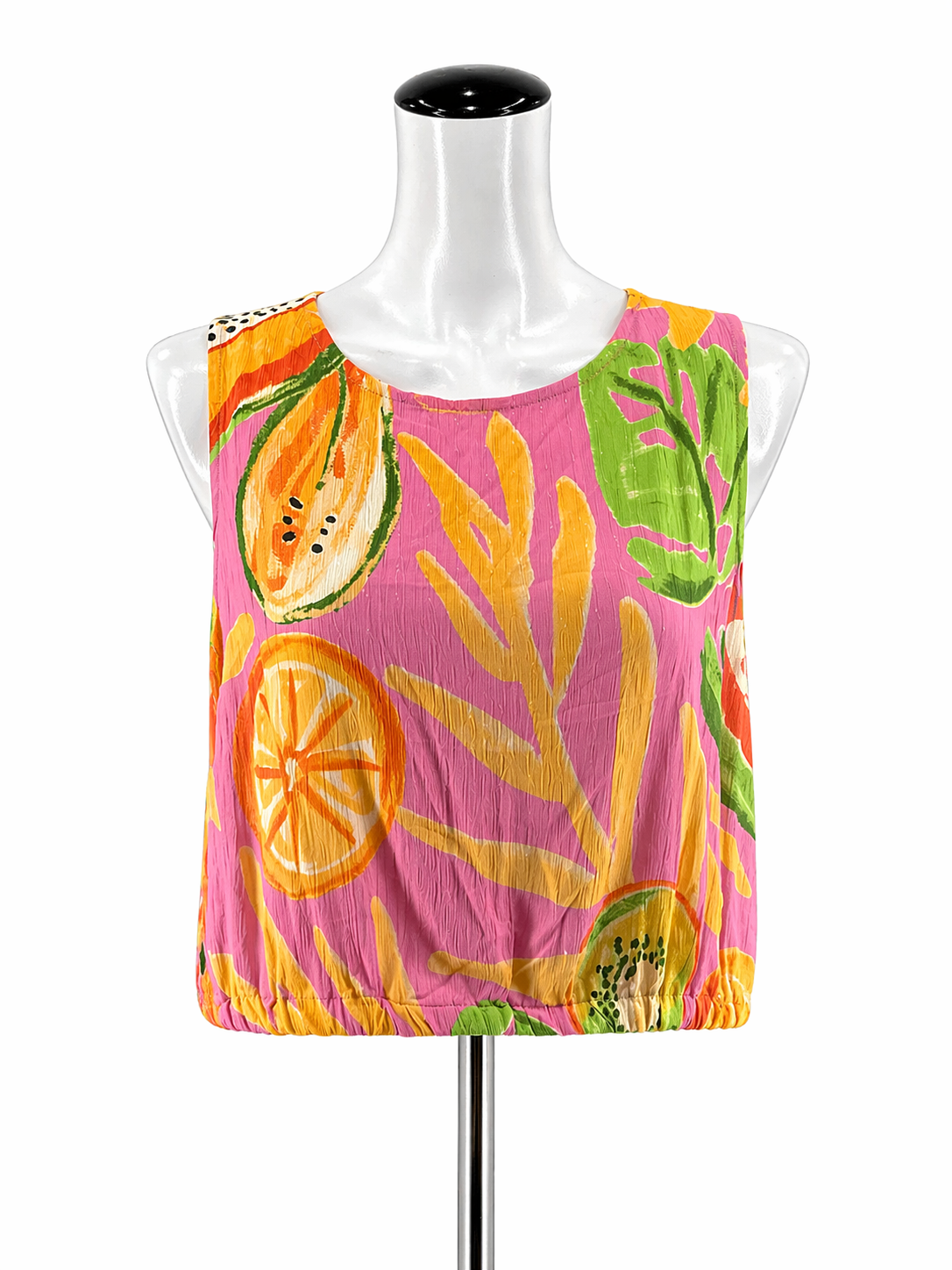 C&amp;C California Pink/Orange/Green Sleeveless Tropical Fruit Print Crop Tank Top Size Large NWT - Size L