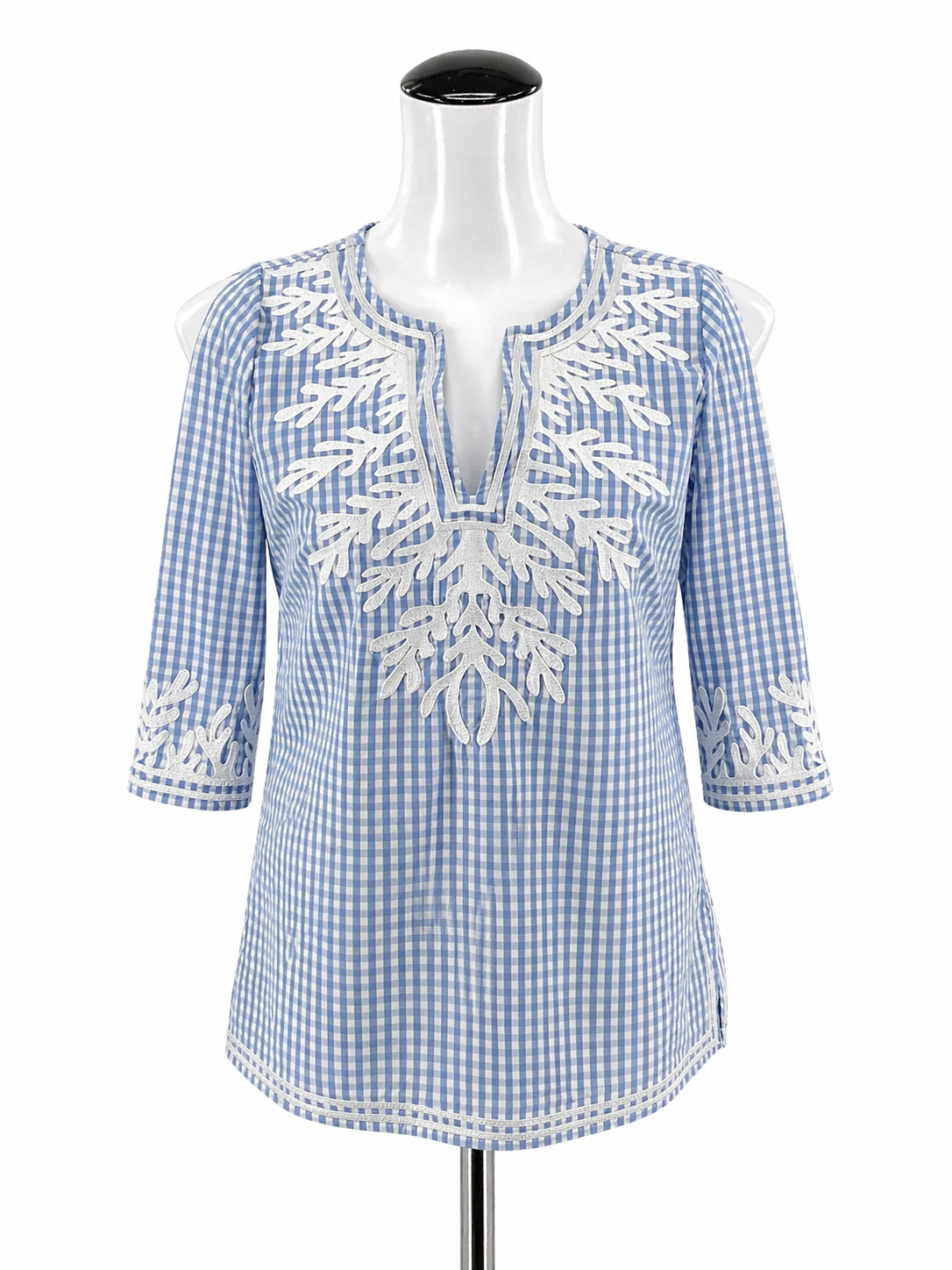 Gretchen Scott blue/white 3/4 Sleeve Gingham Embroidered Tunic Top Blue White Checkered Size XS - Size XS