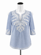 Gretchen Scott blue/white 3/4 Sleeve Gingham Embroidered Tunic Top Blue White Checkered Size XS - Size XS