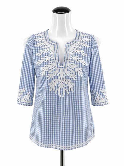 Gretchen Scott blue/white 3/4 Sleeve Gingham Embroidered Tunic Top Blue White Checkered Size XS - Size XS