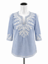 Gretchen Scott blue/white 3/4 Sleeve Gingham Embroidered Tunic Top Blue White Checkered Size XS - Size XS