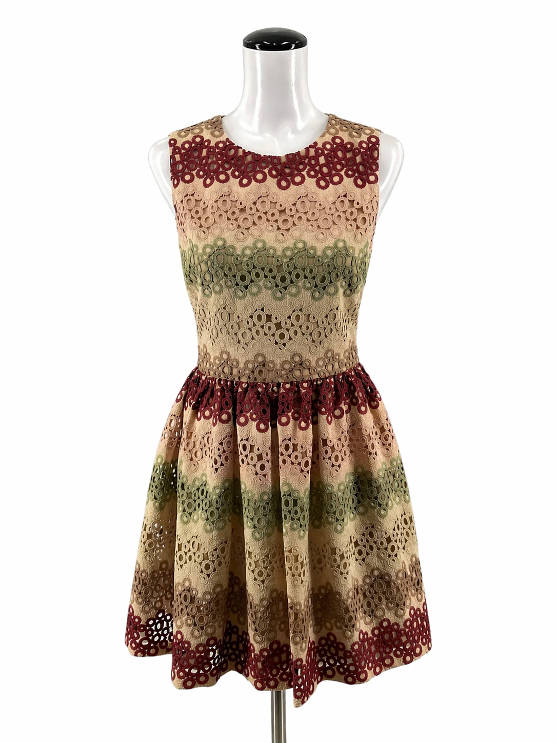 Alice + Olivia tan/maroon/green Fit and Flare Alice + Olivia Tan/Maroon/Green Circles Pre-Owned Ladies Dress - Size 6 - Size 6