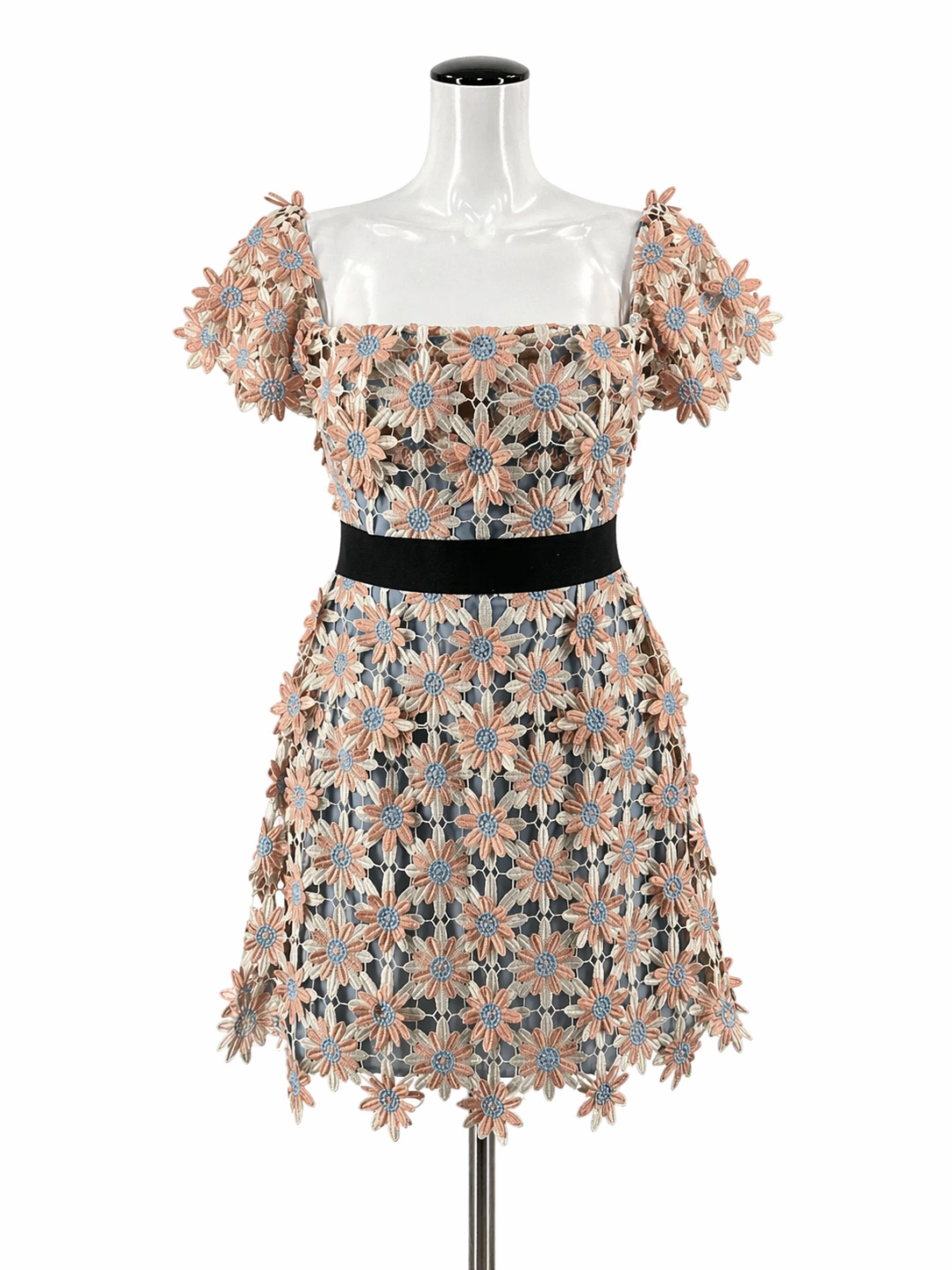 Self-Portrait blush/blue Mini Felicia Daisy Guipure Lace Off-Shoulder Mini Dress Size 8 - Size 8