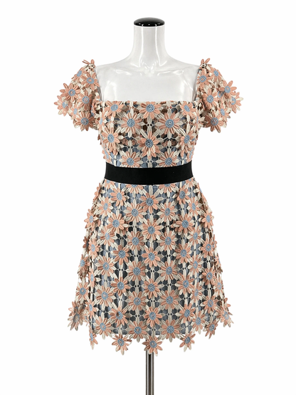Self-Portrait blush/blue Mini Felicia Daisy Guipure Lace Off-Shoulder Mini Dress Size 8 - Size 8