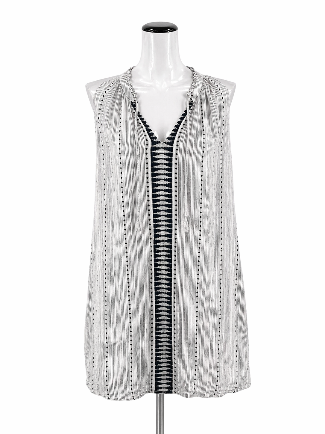 Lucky Brand white/navy Long Sleeve Embroidered Tassel Tunic Dress XS White Navy Stripe Boho Long Sleeve - Size XS