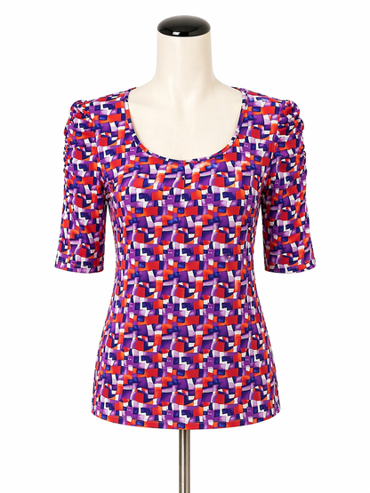 Doncaster purple/red/white Short Sleeve Geometric Print Ruched Sleeve Top Size Small Red Purple White Stretch Jersey - Size S