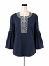 Tory Burch Navy 3/4 Sleeve Harper Tunic Navy Blue Mirror Embroidered Bell Sleeve Top Size 2 - Size 2