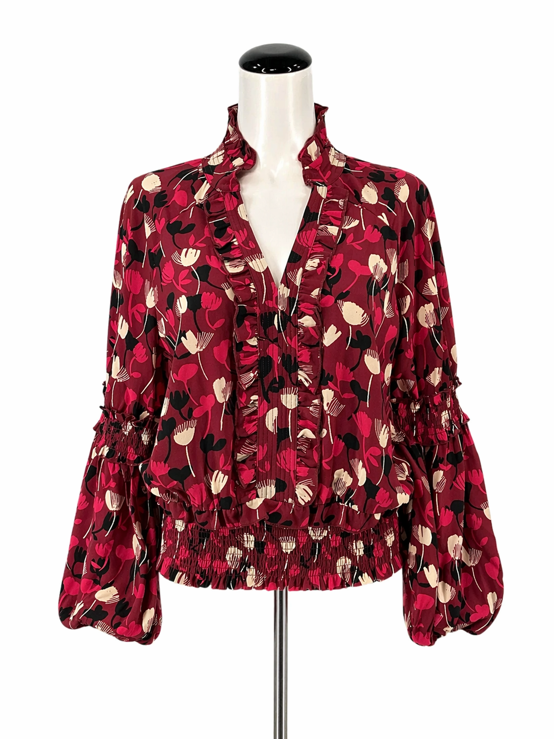 cabi maroon Long Sleeve Ruffle Blouse Floral Smocked Long Sleeve Top Maroon Size S - Size S