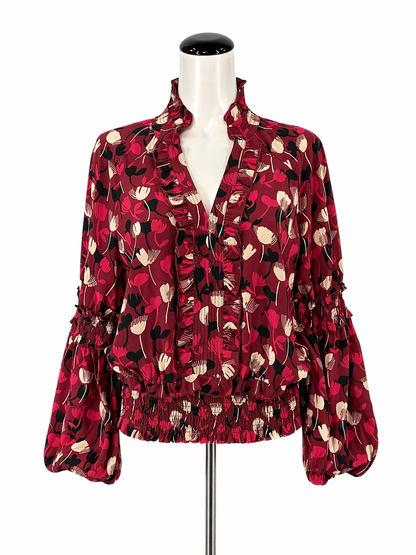 cabi maroon Long Sleeve Ruffle Blouse Floral Smocked Long Sleeve Top Maroon Size S - Size S
