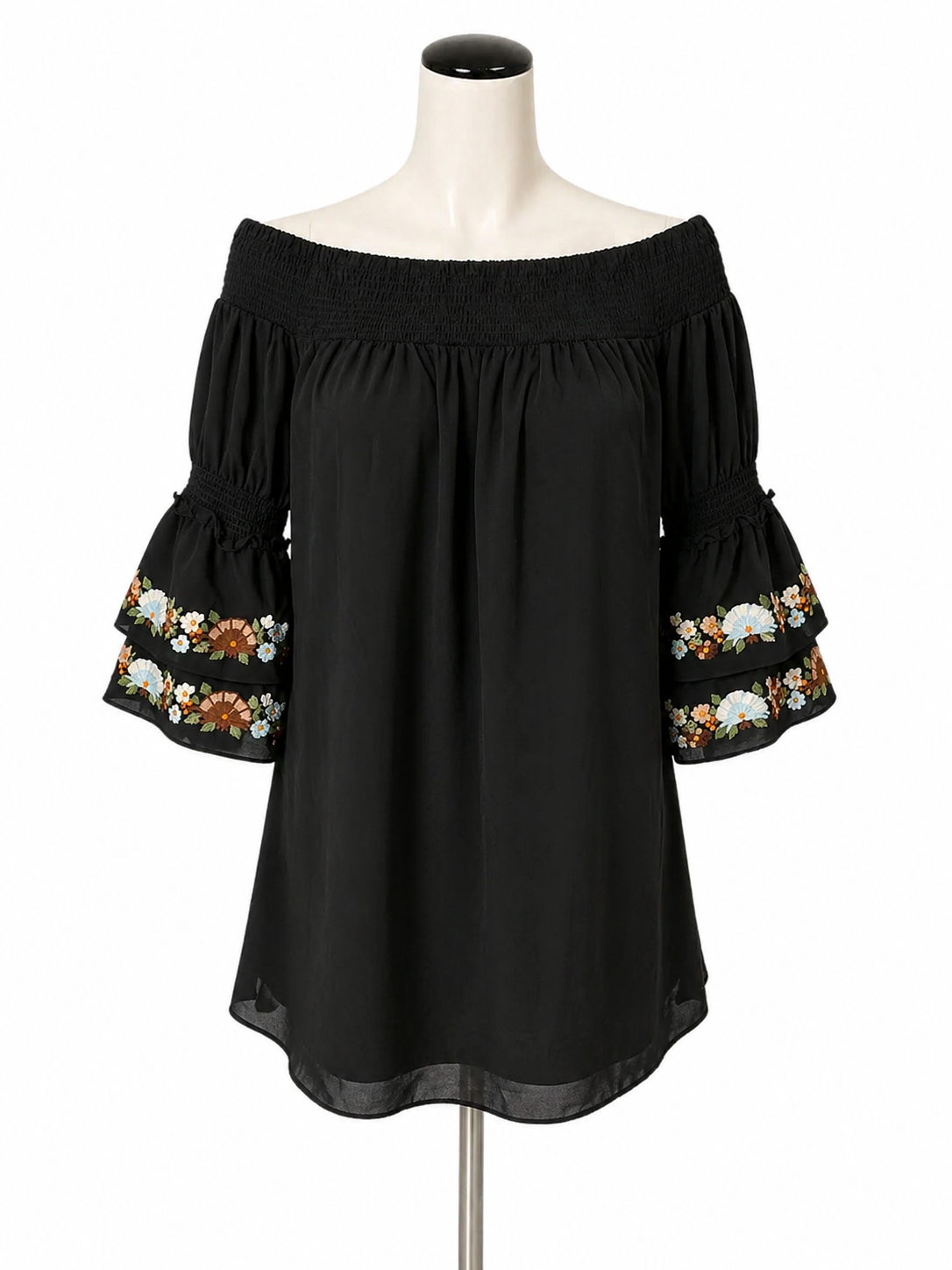 VaVa by Joy Han Black Boho Black Floral Embroidered Off-Shoulder Boho Mini Dress XS - Size XS
