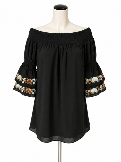 VaVa by Joy Han Black Boho Black Floral Embroidered Off-Shoulder Boho Mini Dress XS - Size XS