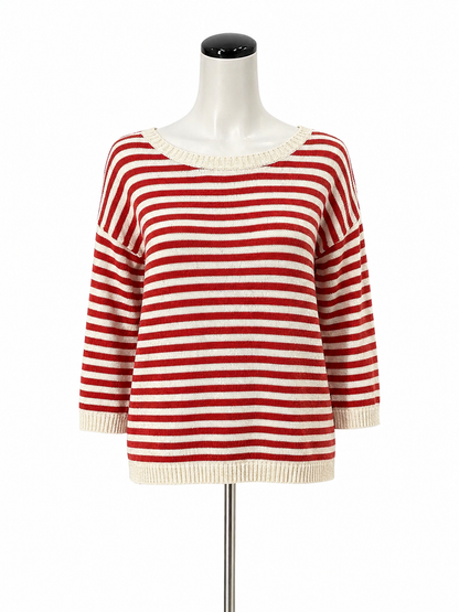 Seasalt Cornwall red/white 3/4 Sleeve Knavock Jumper Organic Cotton Linen Breton Stripe Sweater US 4 - Size 4