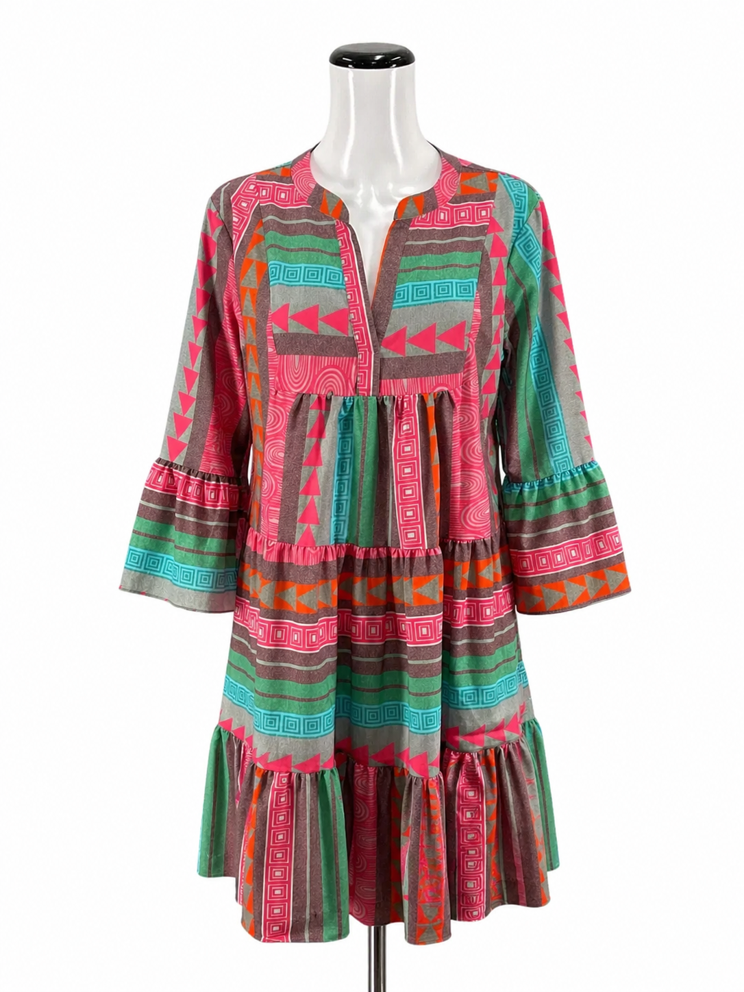 No Brand Multi Color Boho Boho Geometric Print Tiered Bell Sleeve Dress Size XL - Size XL