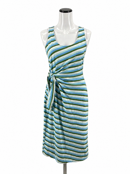 Talbots Aqua/White/Green Midi Striped Tie-Waist Midi Dress Metallic Knit Sleeveless Blue Green Medium - Size M
