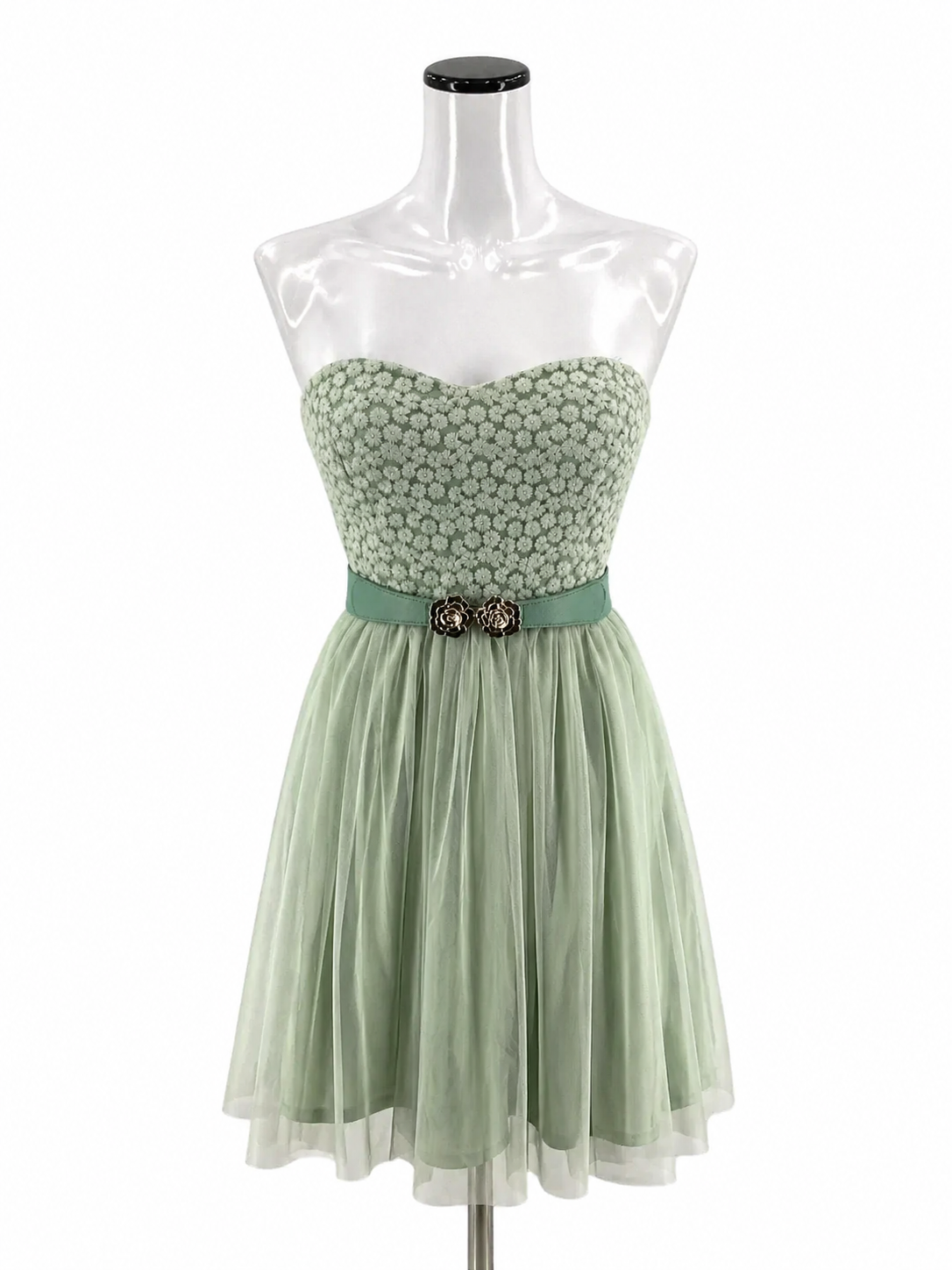 Mystic sage Mini Sage Green Strapless Tulle Dress Embroidered Bodice Medium - Size M