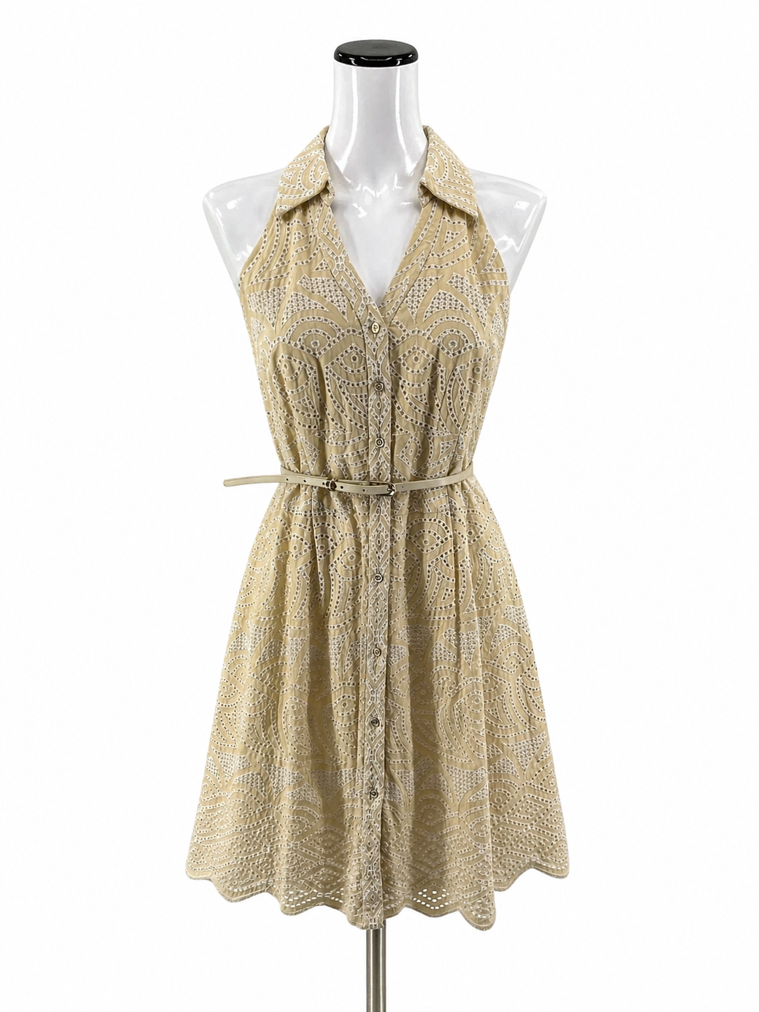 Antonio Melani tan/white A-Line Geometric Eyelet Shirtdress Tan Beige Cotton Size 8 - Size 8