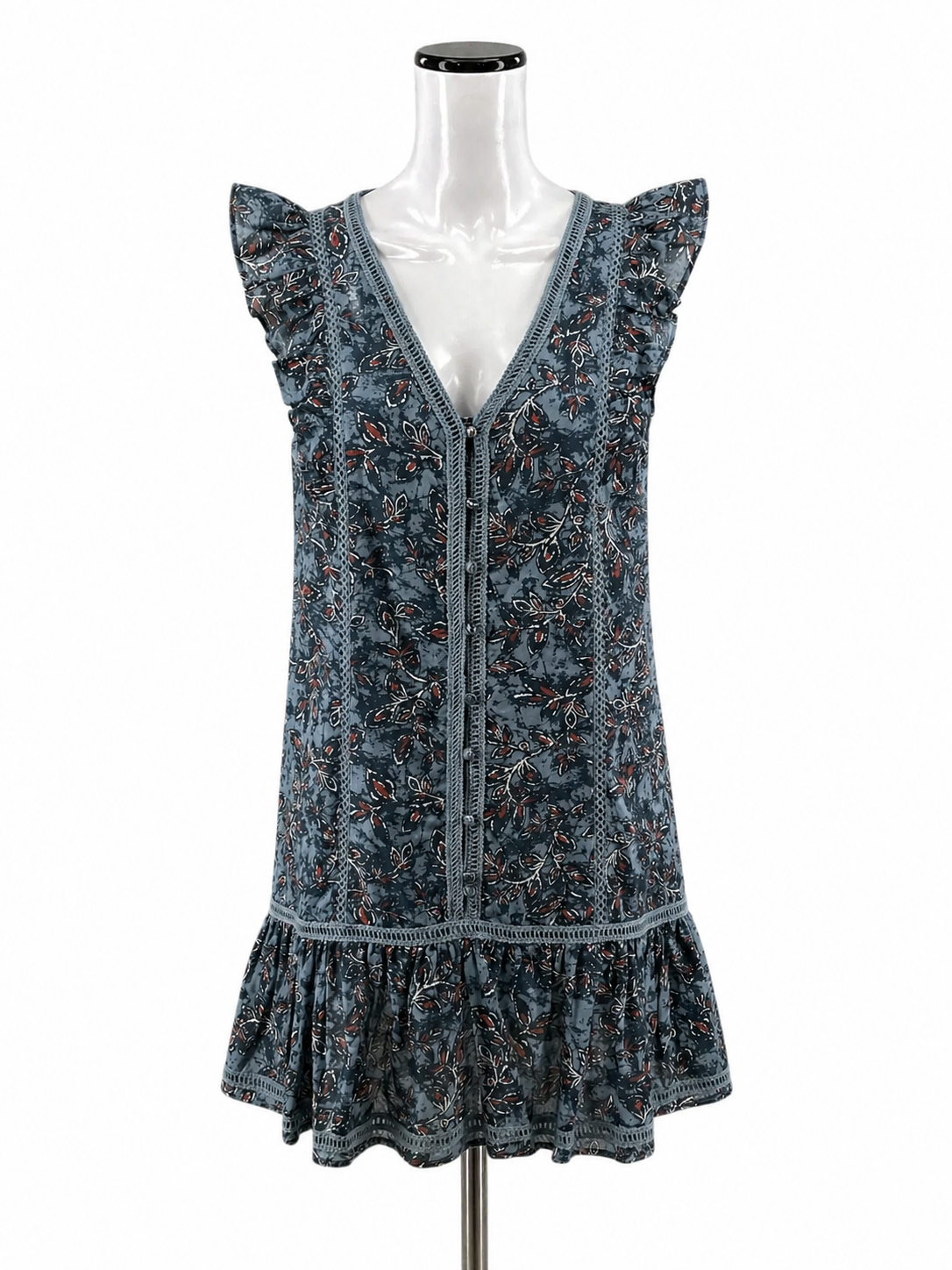 Lucky Brand Blue/rust Floral Boho Floral Crochet Trim V-Neck Mini Dress Size Small - Size S