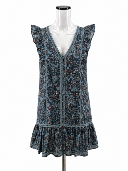Lucky Brand Blue/rust Floral Boho Floral Crochet Trim V-Neck Mini Dress Size Small - Size S
