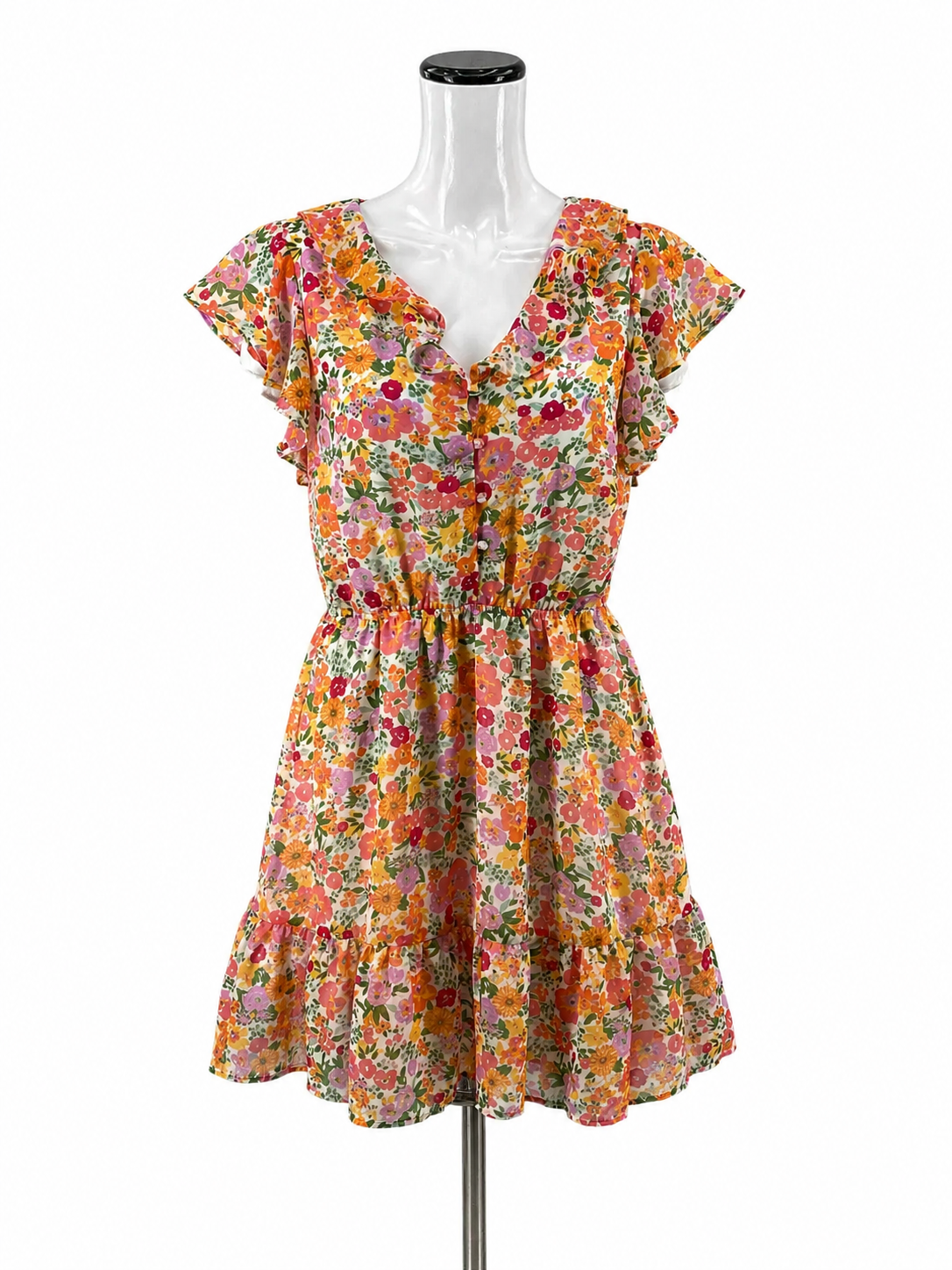 Marissa Olivia White/Pink/Orange Floral Floral Ruffle V-Neck Tiered Dress Size Small - Size S