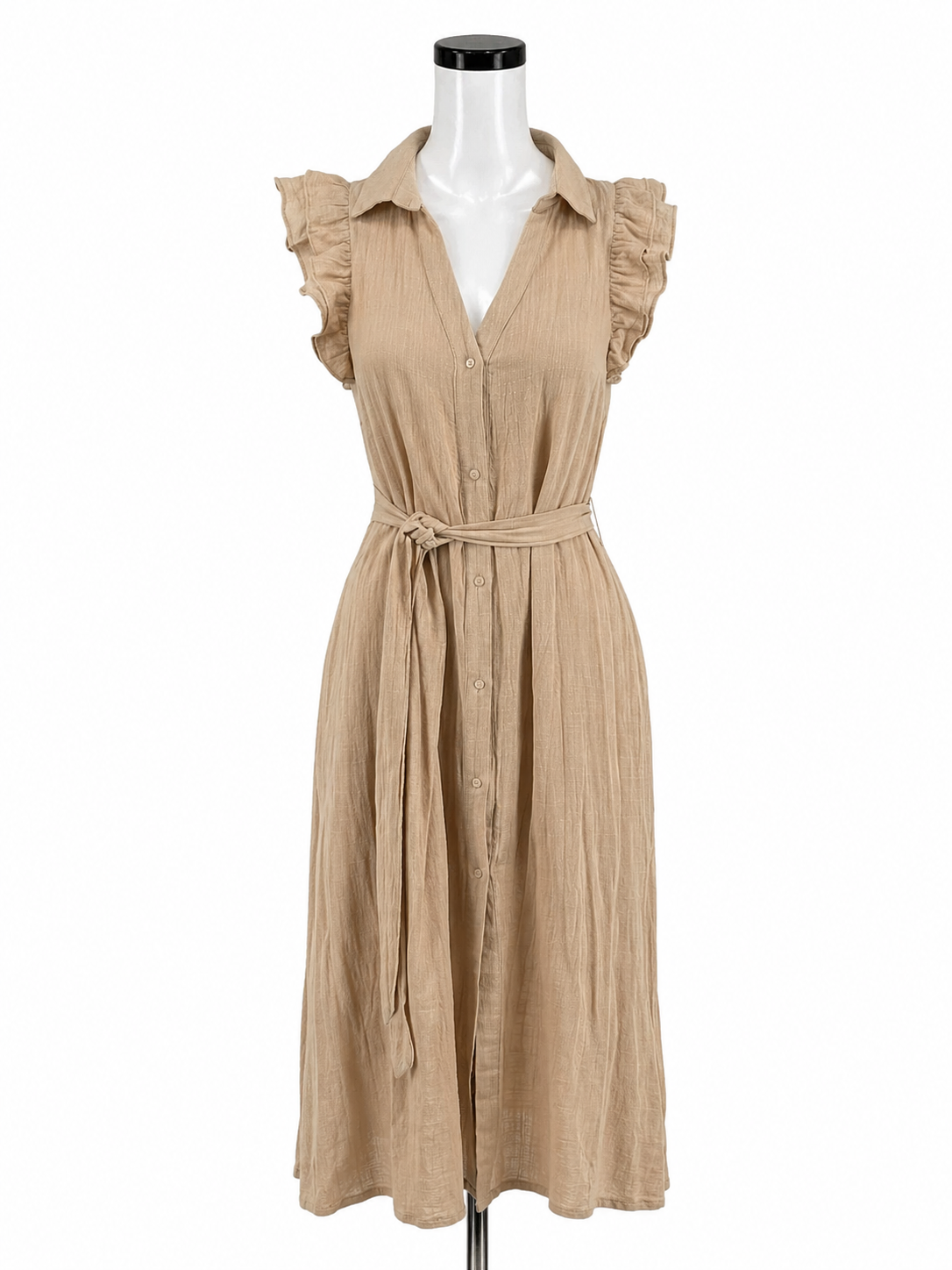 Fate Tan Maxi Tan Cotton Gauze Ruffle Sleeve Button Front Maxi Dress Size Small - Size S