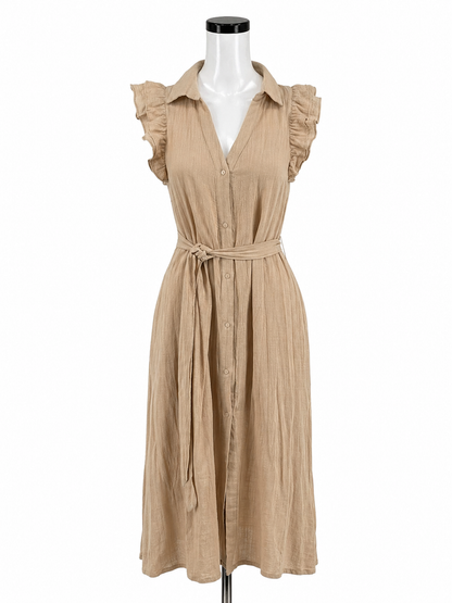 Fate Tan Maxi Tan Cotton Gauze Ruffle Sleeve Button Front Maxi Dress Size Small - Size S