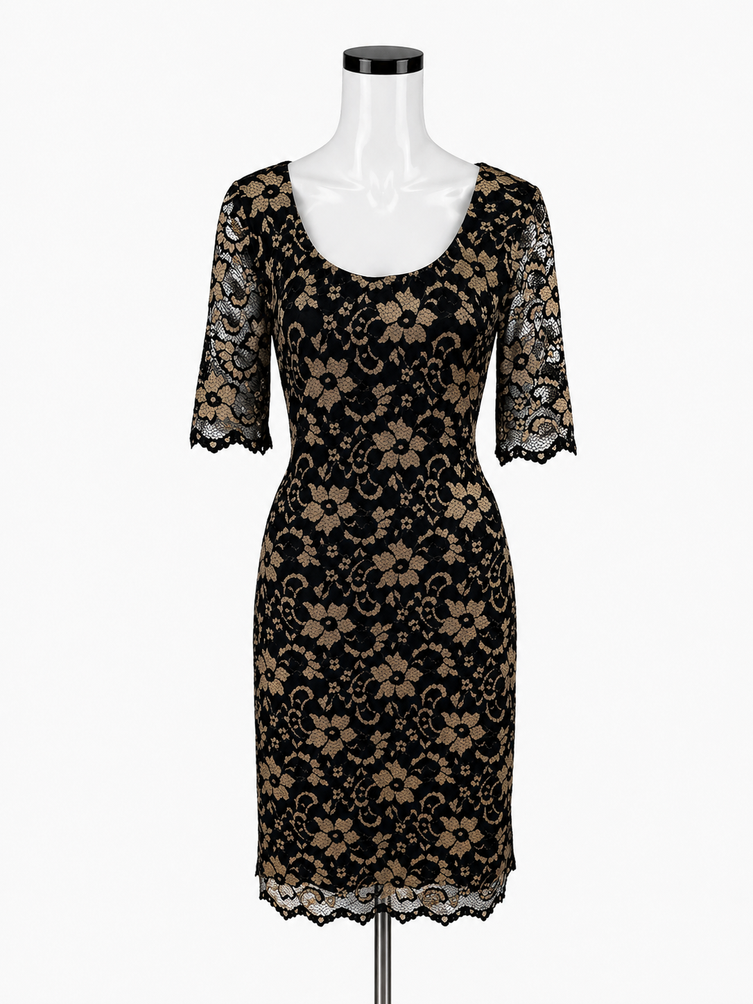 Belle Badgley Mischka Black/Gold Cocktail Black Floral Lace Sheath Cocktail Dress NWT Size 6 - Size 14