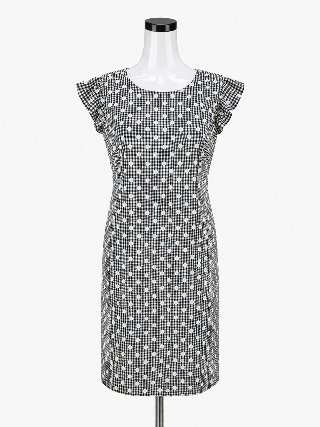 ELLE white/blue Sheath Blue &amp; White Gingham Ruffle Sleeve Sheath Dress Size Small - Size S