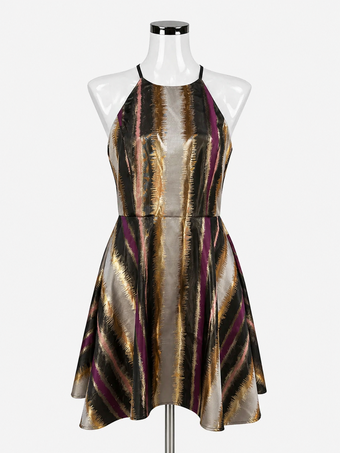 Belle Badgley Mischka Black/silver/gold A-Line Metallic Stripe Halter Cocktail Dress Size 2 NWT - Size 2