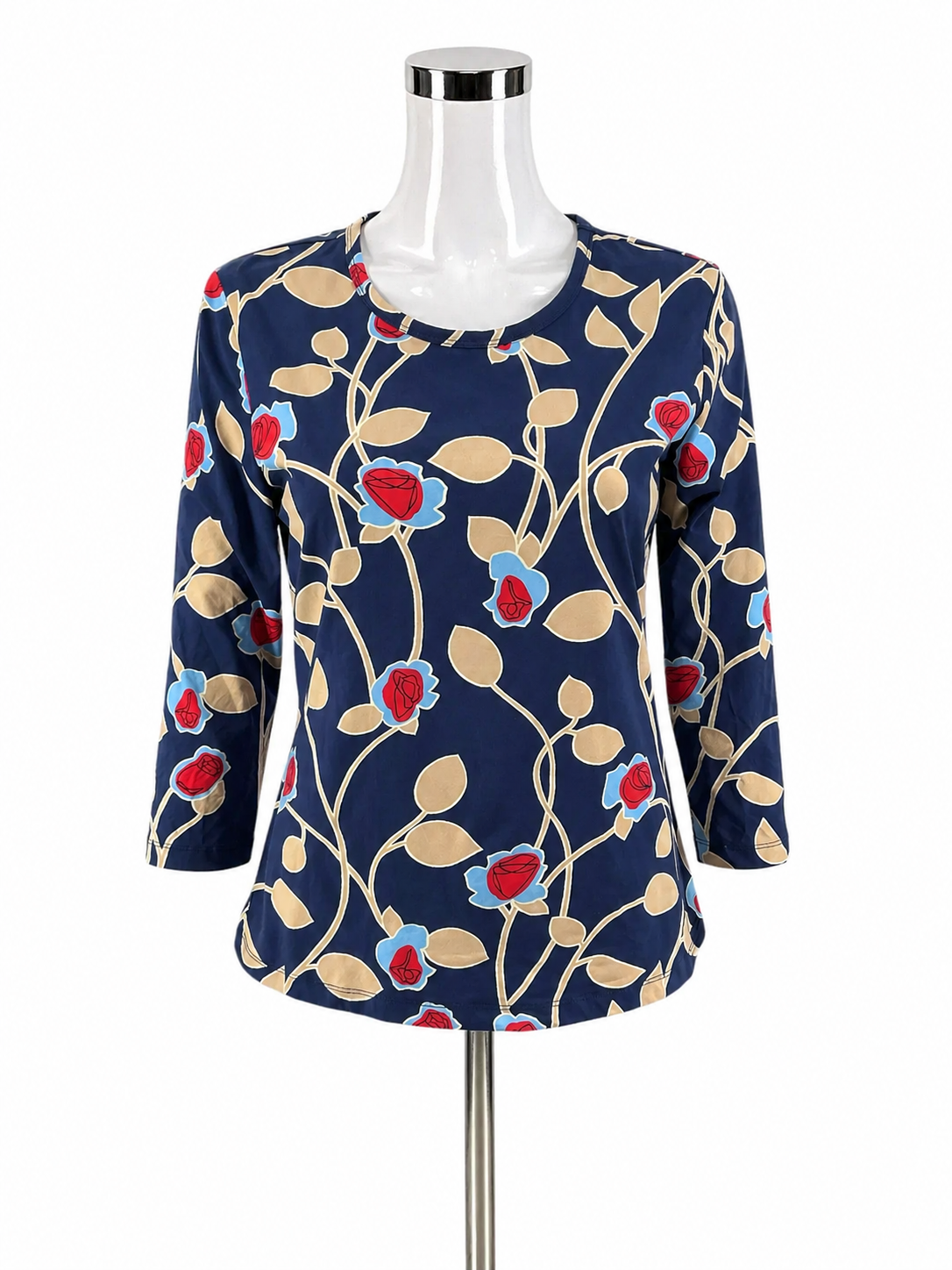 J. McLaughlin Catalina Cloth Floral Top Navy Red Tan 3/4 Sleeve Size Medium