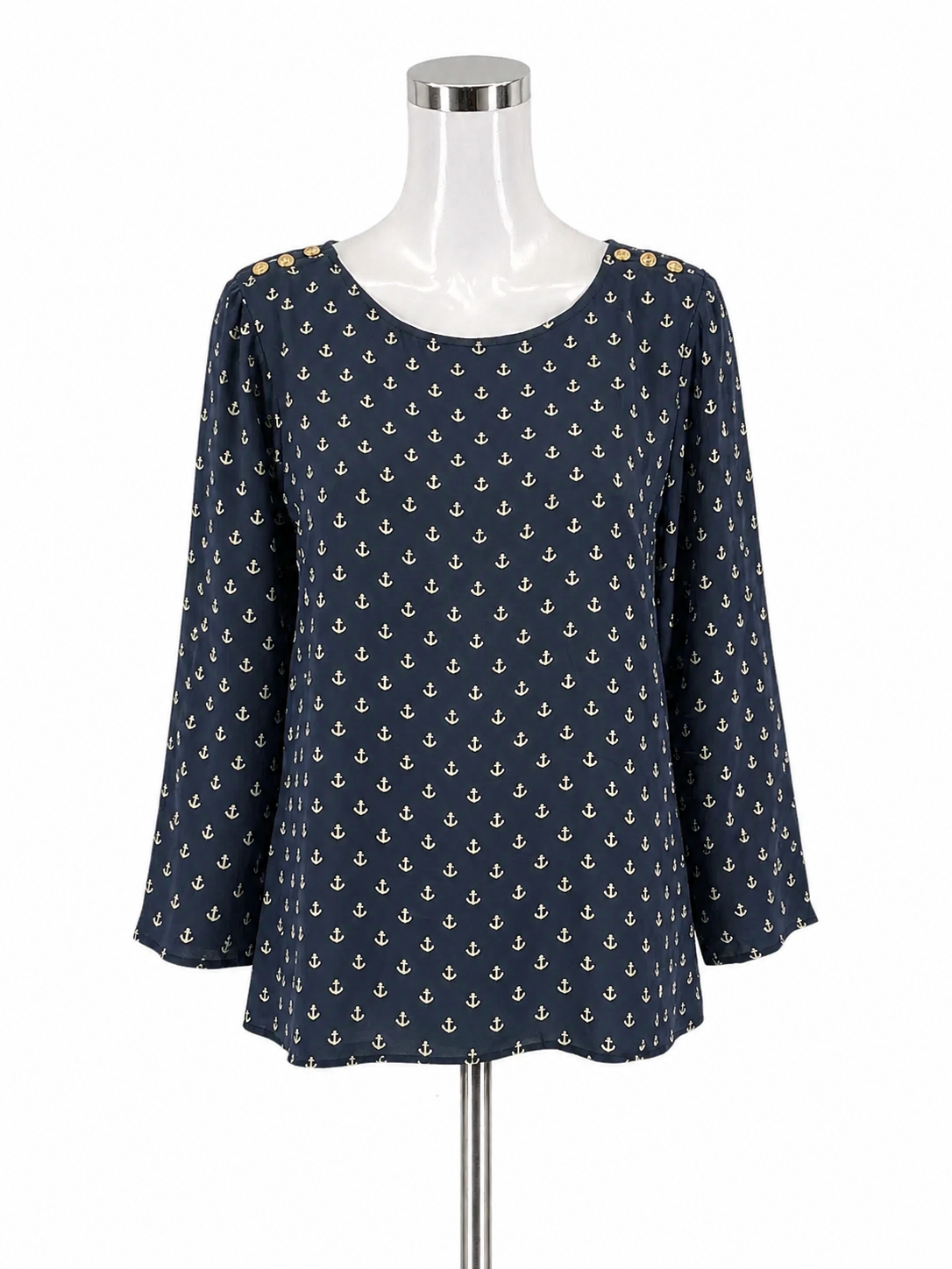 J.Crew Silk Anchor Print Nautical Blouse Navy Top Size 8