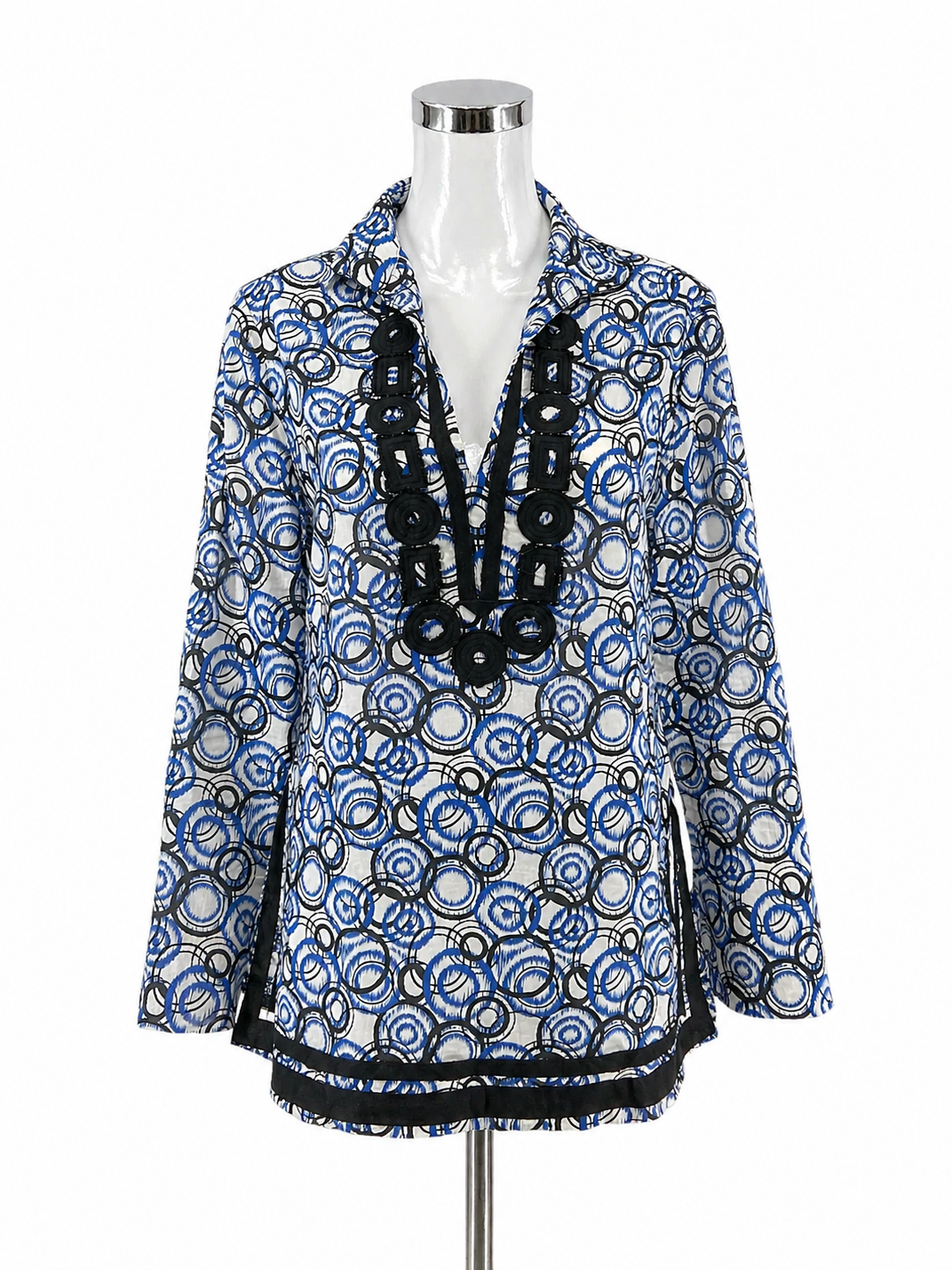 MICHAEL Michael Kors Blue &amp; White Scribble Circle Print Cotton Tunic Top Size Medium