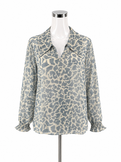 cabi blue/white Long Sleeve Tuxedo Blouse Blue Leopard Print Sheer Long Sleeve Top Size Medium - Size M