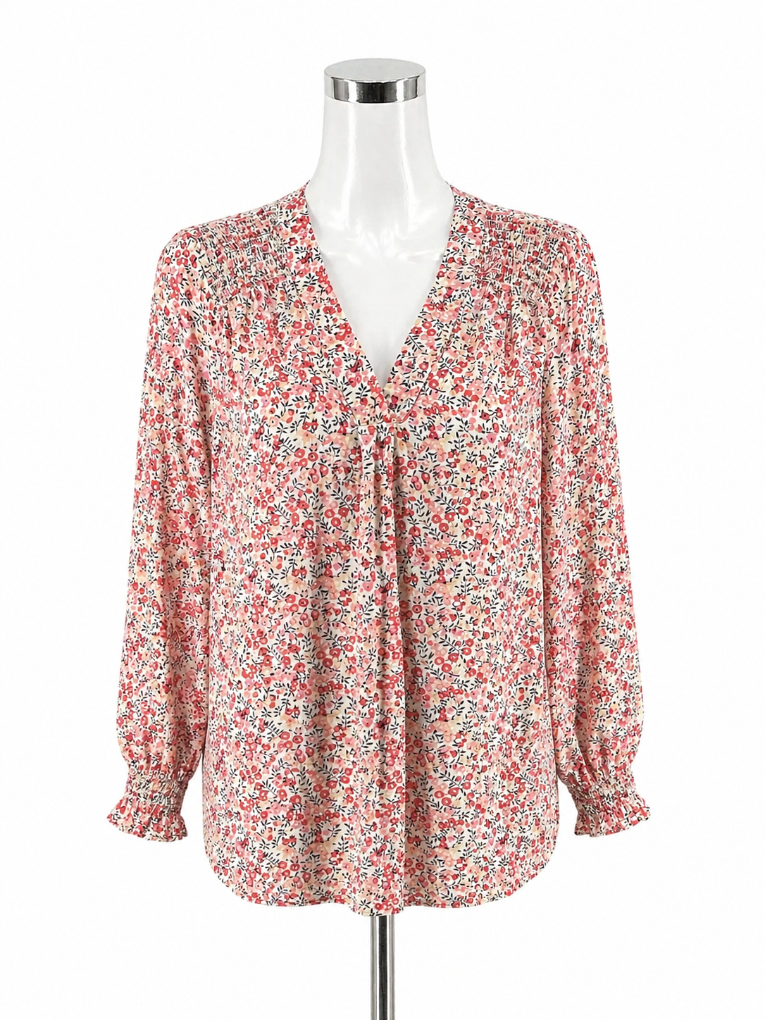 Soirée White/Orange 3/4 Sleeve by Daniel Rainn Floral Smocked Bishop Sleeve Blouse Size Medium - Size M