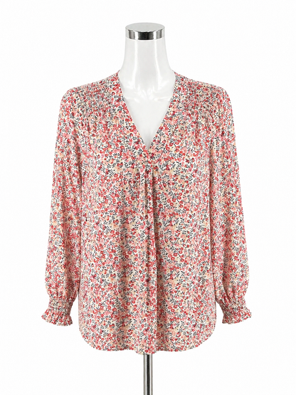 Soirée White/Orange 3/4 Sleeve by Daniel Rainn Floral Smocked Bishop Sleeve Blouse Size Medium - Size M