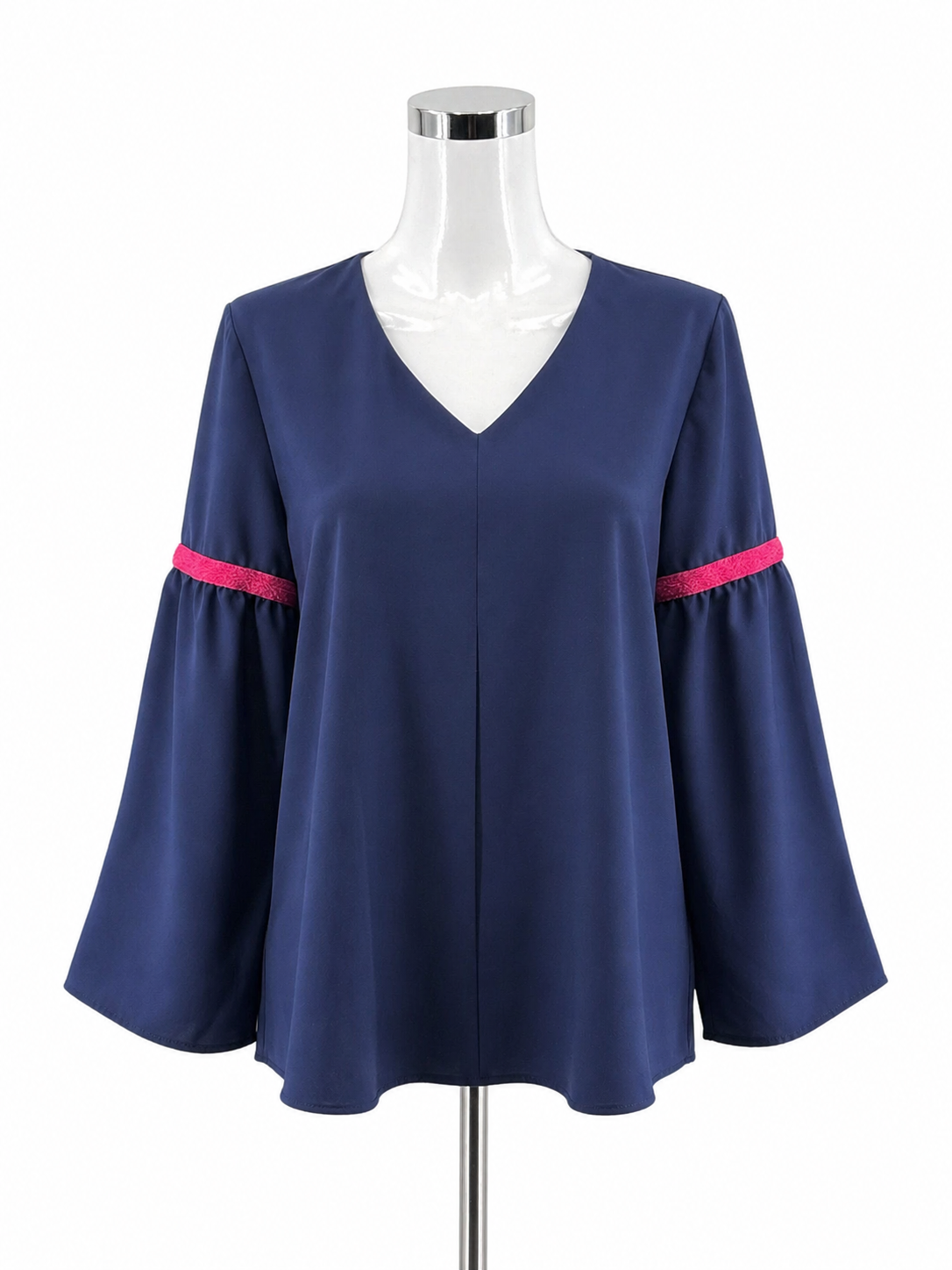Vilagallo Navy/Pink 3/4 Sleeve Navy Blue Bell Sleeve Top with Fuchsia Pink Ribbon Detail Size Medium - Size M