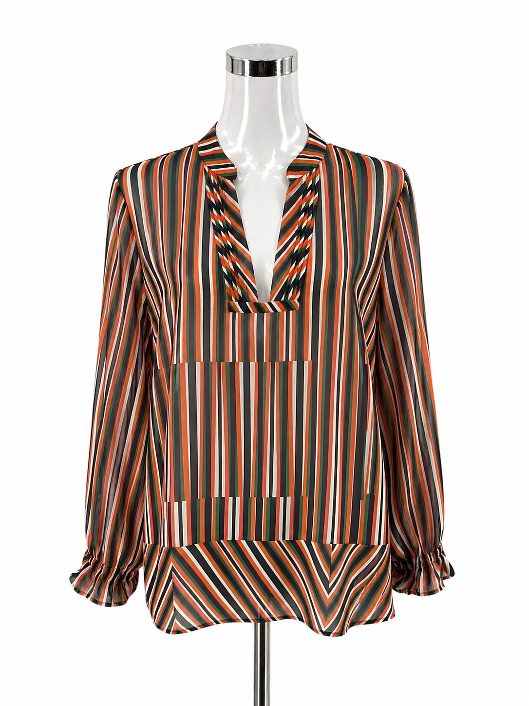 cabi Navy/Green/Coral Long Sleeve Chevron Tunic Top Size Medium Navy Green Coral Stripe Sheer Tie Cuff Blouse 5519 - Size M