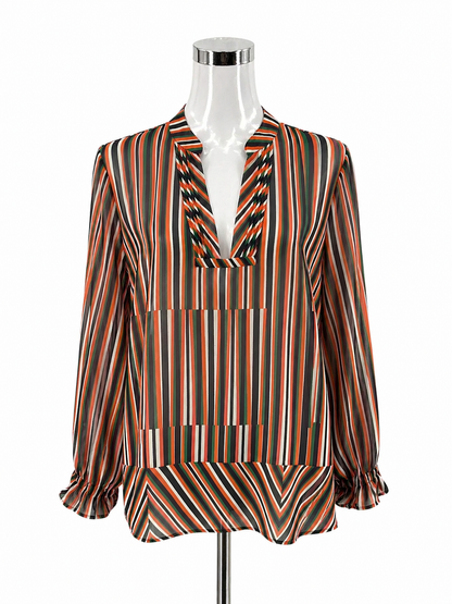 cabi Navy/Green/Coral Long Sleeve Chevron Tunic Top Size Medium Navy Green Coral Stripe Sheer Tie Cuff Blouse 5519 - Size M