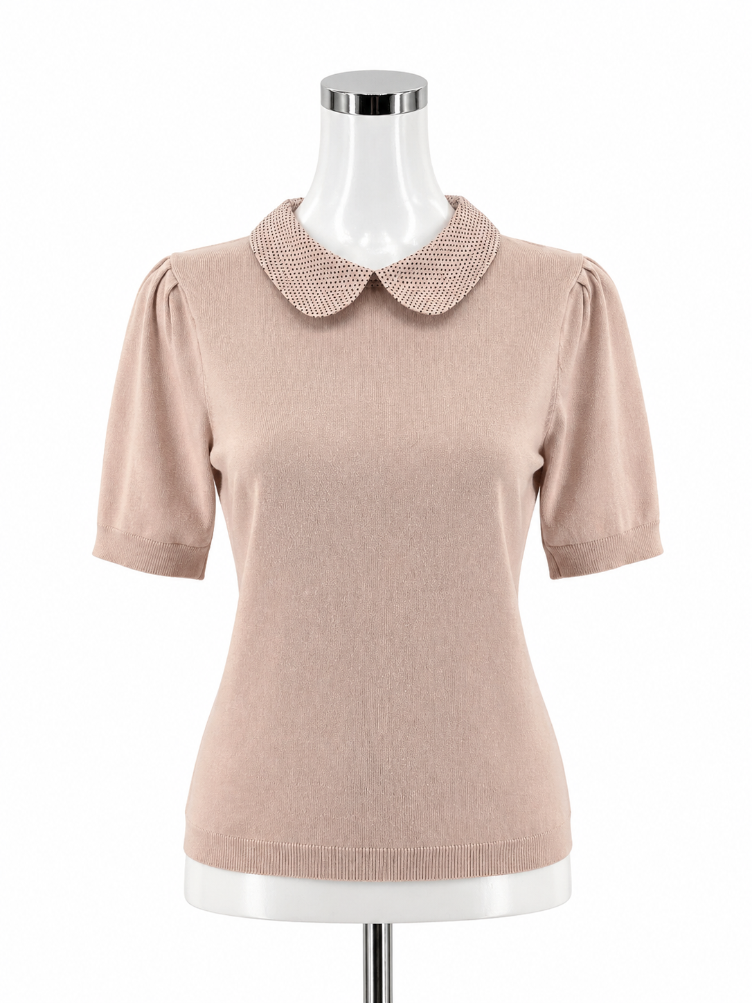 Adrianna Papell Pink Short Sleeve Pink Polka Dot Peter Pan Collar Puff Knit Top Size Medium - Size M
