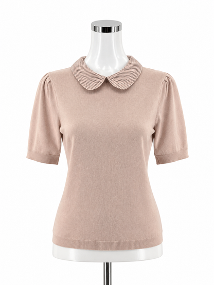 Adrianna Papell Pink Short Sleeve Pink Polka Dot Peter Pan Collar Puff Knit Top Size Medium - Size M