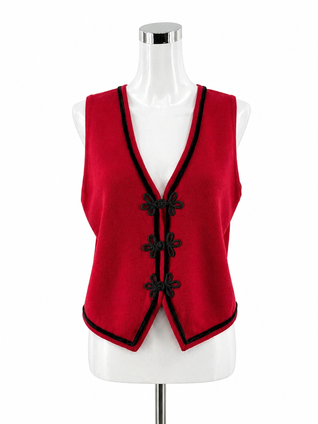 Talbots red/black Sleeveless Red Wool Vest Black Velvet Trim Frog Closure Cropped Size Medium - Size M