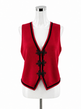 Talbots red/black Sleeveless Red Wool Vest Black Velvet Trim Frog Closure Cropped Size Medium - Size M