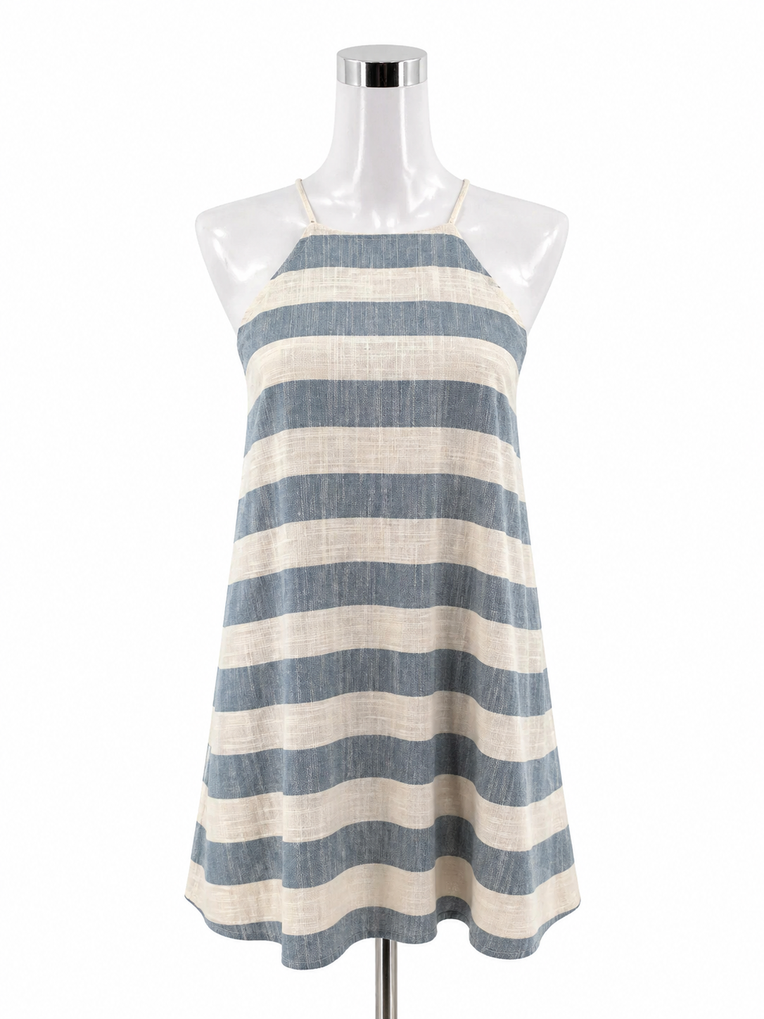 Pink Owl tan/blue Mini Striped Halter Mini Dress Blue Ivory Cotton Sundress Size Small - Size S