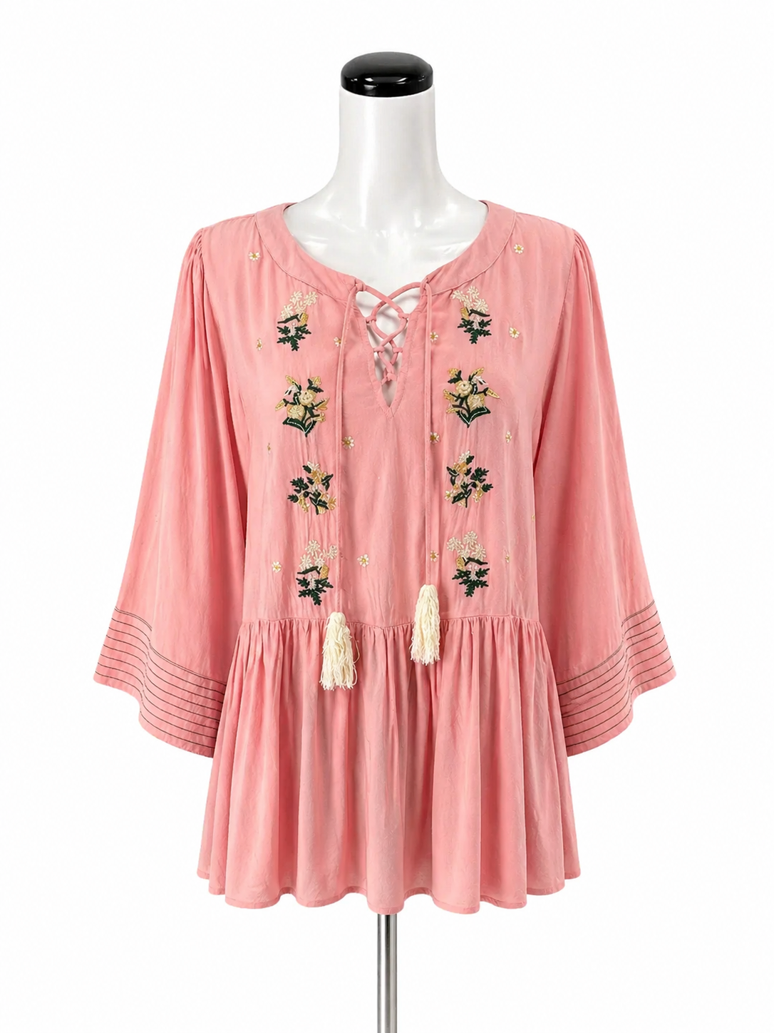 Entro Pink 3/4 Sleeve Pink Floral Embroidered Boho Peplum Blouse Tassel Tie Top Size Large - Size L