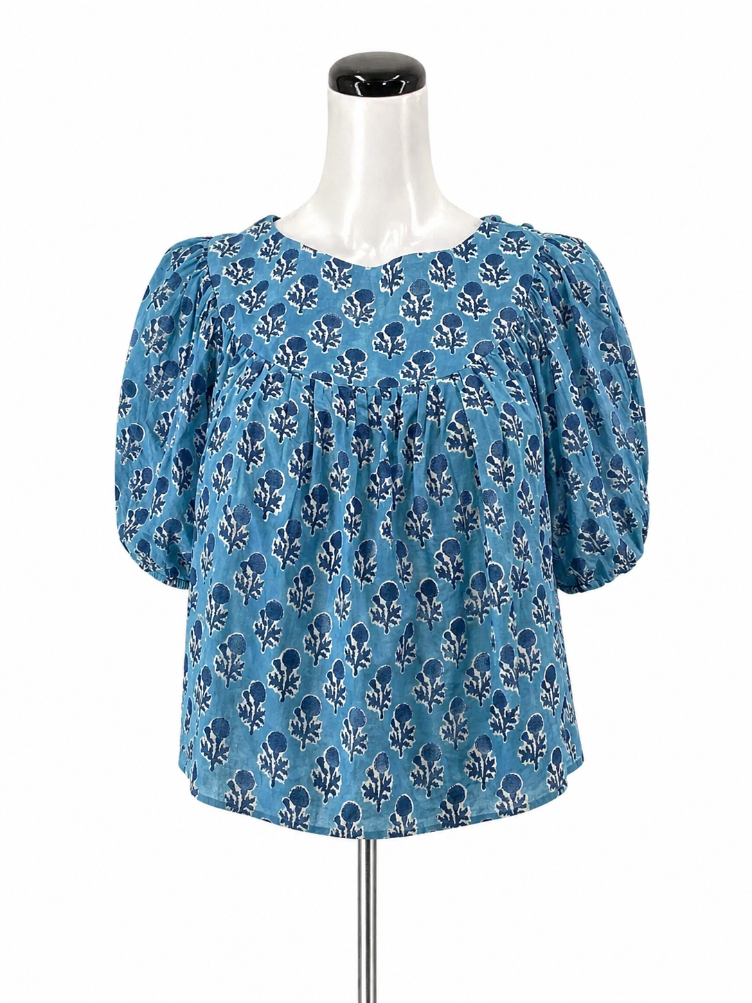 Emerson Fry blues/white Short Sleeve India Collection Blue Floral Block Print Organic Cotton Top Small - Size S