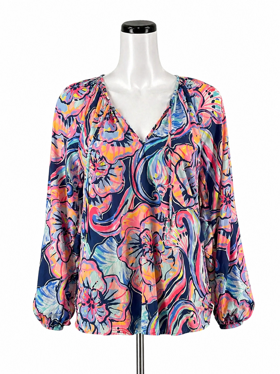 Lilly Pulitzer pink/blue/orange Long Sleeve Nevie Top Multi Sink Or Swim Floral Blouse Size Small - Size S