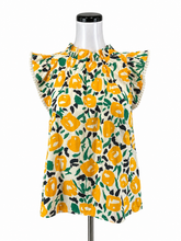 THML cream/yellow/green Cap Sleeve Floral Flutter Sleeve Pom Pom Trim Blouse Top Size Medium - Size M