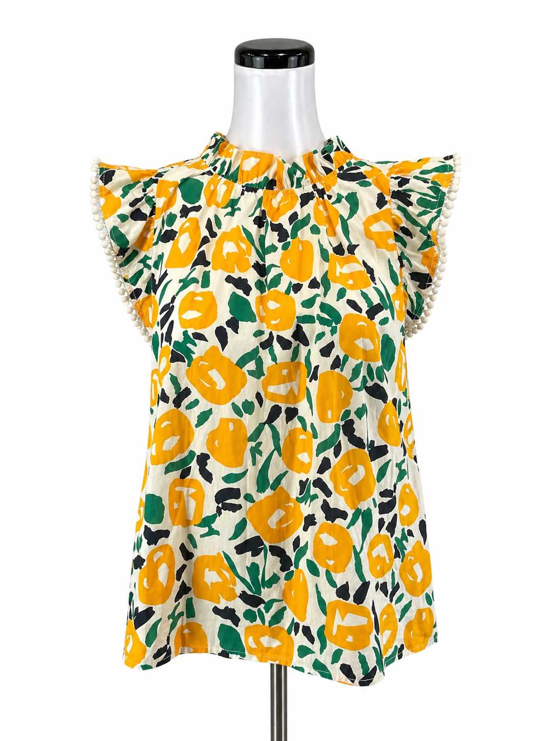 THML cream/yellow/green Cap Sleeve Floral Flutter Sleeve Pom Pom Trim Blouse Top Size Medium - Size M