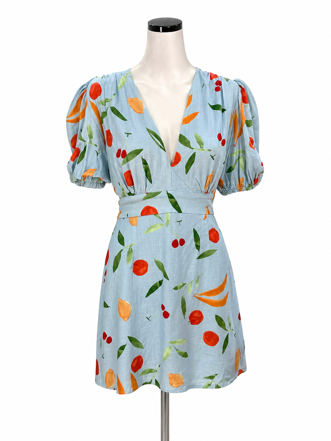 Finders Keepers Piazza Fruit Print Mini Dress Blue Multi Size 8