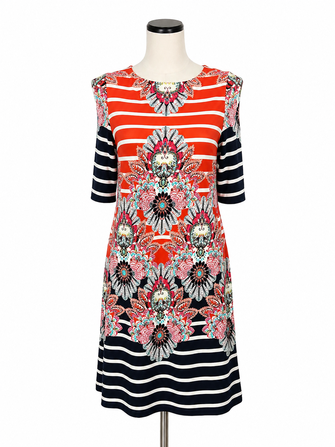 Eliza J Floral Shift Dress Size 4 White Orange Navy Elbow Sleeve Stretch Knit